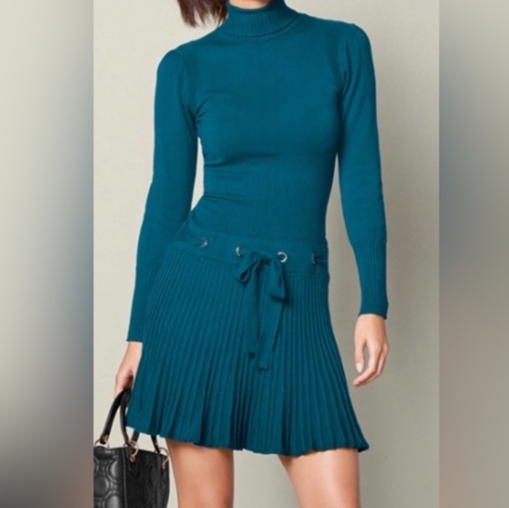 Venus Teal Blue Long Sleeve Sweater Turtleneck Pleated Dress Size XL